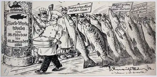 1938 München Zoo Hellabrunn Fisch Werbe Woche Karikatur Zeichnung signiert