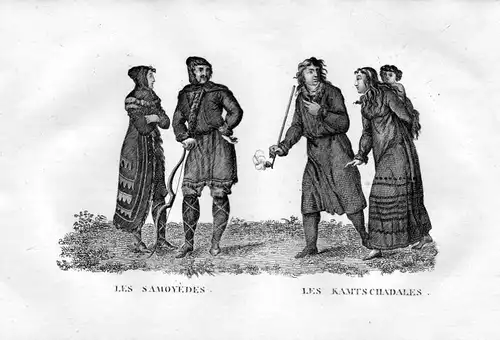 Ca. 1800 Kamtschadalen Samojeden Tracht Trachten costumes Kupferstich engraving