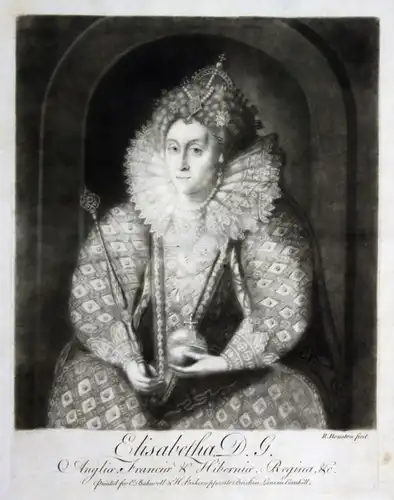 1759 Houston Elisabeth I. Portrait Aquatinta mezzotint Königin The Virgin Queen