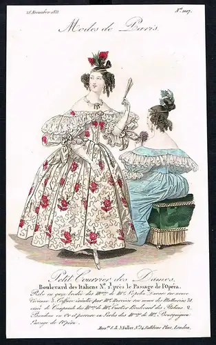 1833  Biedermeier Mode Kupferstich victorian fashion antique print Paris e 89254