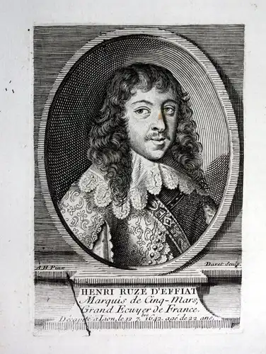 18. Jh. Henri Coiffier de Ruze Marquis Cinq Mars Kupferstich Portrait engraving