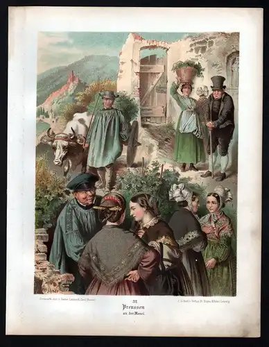 1890 Preussen Preußen an der Mosel Tracht Trachten Lithographie Kretschmer