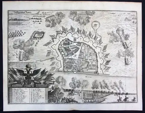 1698 Belagerung Bonn Plan Ansicht view Kupferstich antique print Merian