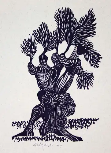 1987 Helmut Ackermann Andalusischer Ölbaum Linolschnitt signiert Grafik