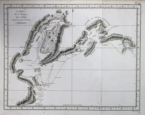 1758 Alaska Karte map Reise route Kupferstich antique print James Cook