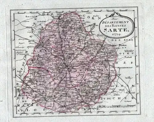 Das Departmen des Flusses Sarte. Nro. 734 - Sarthe Le Mans La Fleche Karte Reilly carte gravure France map