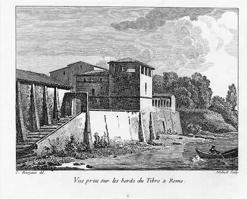 Roma Rom Tiber Villa incisione stampe Bourgeois acquaforte veduta