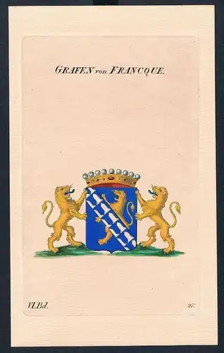 Grafen von Francque Wappen Kupferstich Genealogie Heraldik coat of arms