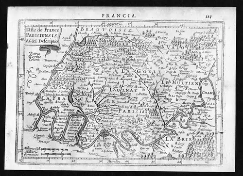 L'Isle de France Parisiensisagri descriptio - Ile de France Paris Senlis Meaux Pontoise gravure map Mercator K