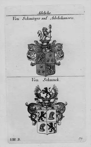 Schmöger Adelshausen Schmuck Wappen Adel coat of arms heraldry Kupferstich