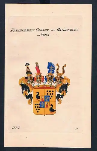 Freiherren Closen v. Haydenburg Gern Wappen Kupferstich Genealogie Heraldik