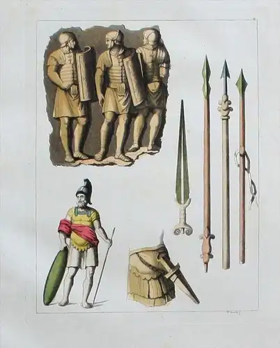 Römer Antike Waffen Militaria weapons Aquatinta aquatint antique print