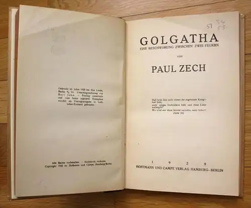 Paul Zech Golgatha Beschwörung zwei Feuern Expressionismus Erste Ausgabe