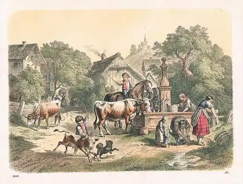 Bauernhof Bauern Kühe Pferde Landleben - Lithographie lithography
