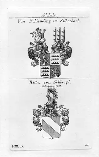 Schirnding Silberbach / Schlaegl - Wappen Adel coat of arms heraldry Heraldik Kupferstich