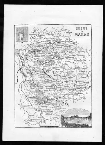 Seine et Marne - Melun Frankreich France Departement Karte map Holzstich