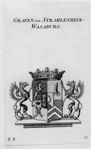 Strahlenheim Wasaburg Wappen Adel coat of arms Heraldik crest Kupferstich