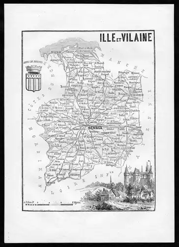 Ille et Vilaine - Rennes Frankreich France Departement Karte map Holzstich