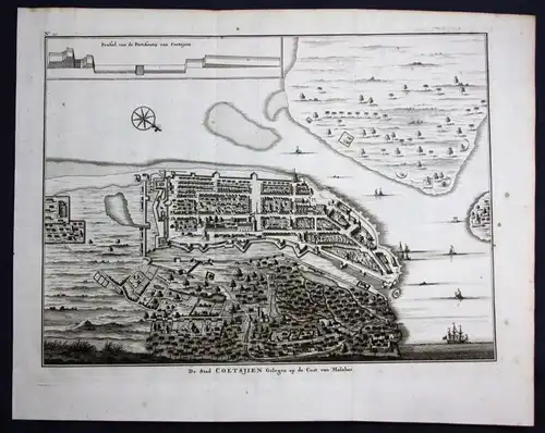 Kochi Malabar India map view panorama plan engraving Valentijn Asia