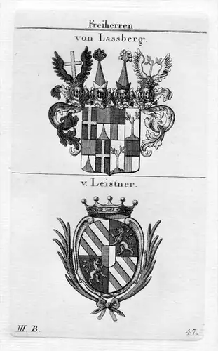 Lassberg Leistner - Wappen Adel coat of arms heraldry Heraldik Kupferstich