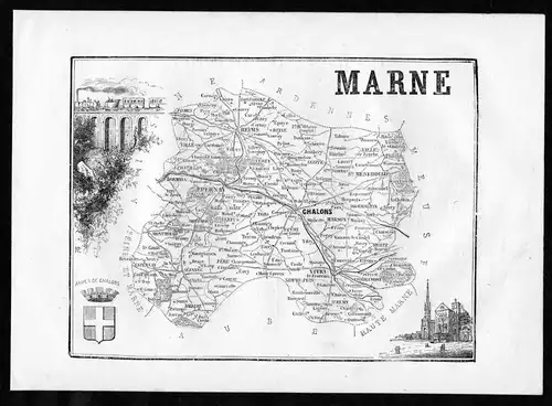 Marne - Chalons Frankreich France Departement Karte map Holzstich