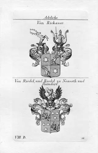 Rickauer / Riedel Nausath Haindorf - Wappen Adel coat of arms heraldry Heraldik Kupferstich