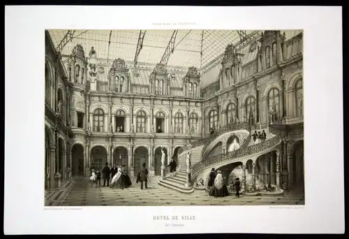 Hotel de Ville cour d honneur - Hotel de Ville Rathaus town hall Paris Lithographie lithograph Litho