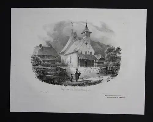 Kirche Scherzligen Strättligen Thurn Lithographie Villeneuve