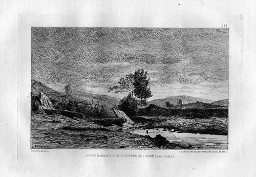 Ancien Barrage sur la riviere de l Auge - Auge Haut Bugey eau forte gravure etching Radierung