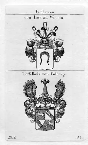 Loe Wissen Löffelholz Colberg - Wappen Adel coat of arms heraldry Heraldik Kupferstich
