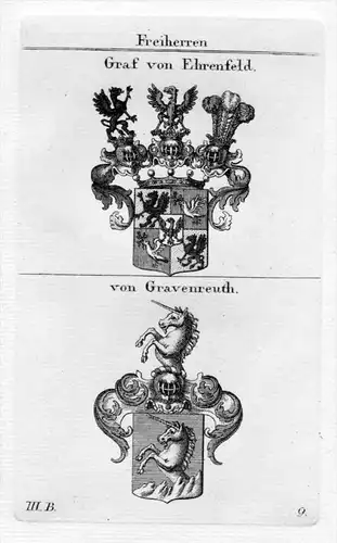 Graf von Ehrenfeld / von Gravenreuth / Bayern - Wappen coat of arms Heraldik heraldry Kupferstich