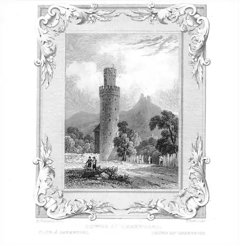 Tower at Oberwesel Turm zu Oberwesel Tour Original  engraving