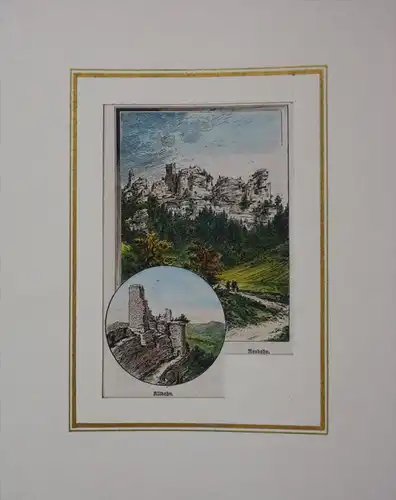 Burg Altdahn Burg Neudahn Dahn Ansicht Holzstich koloriert Passepartout 19 Jh