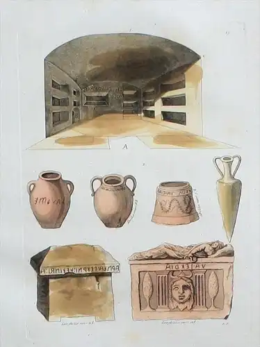 Etrusker Begräbnis-Stätte Urnen Antike Aquatinta aquatint