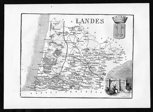 Landres - Mont de Marsan Frankreich France Departement Karte map Holzstich