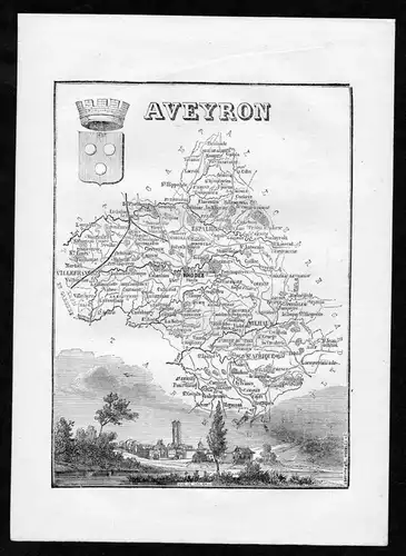 Aveyron - Rhodez Milhau Frankreich France Departement Karte map Holzstich