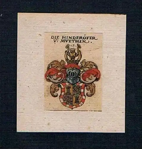 h. Hinderdorfer Muethen Wappen Kupferstich Heraldik coat of arms crest