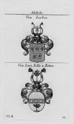 Lorber Lori Edle Wappen Adel coat of arms heraldry Heraldik Kupferstich