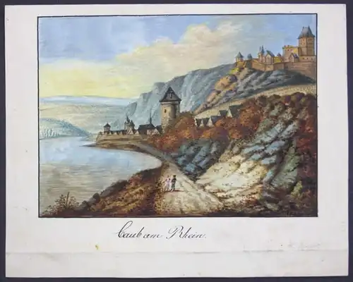 Kaub am Rhein - Original Biedermeier Aquarell Ansicht signiert watercolor