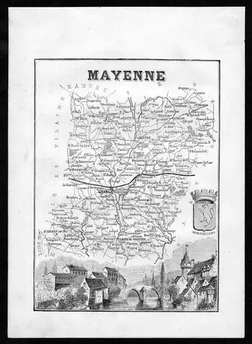 Mayenne - Laval Frankreich France Departement Karte map Holzstich