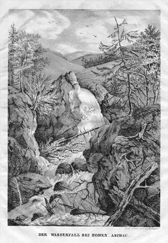 Schloss Hohenaschau Wasserfall Chiemgau Original Lithographie Dilger