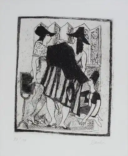 Max Lacher Original Radierung signiert etching signed München Anprobe