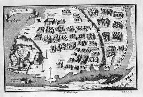 Diu India Map engraving