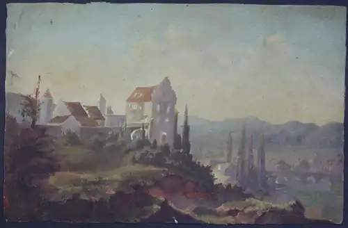 Burg Fluss Ölgemälde Gemälde 19. Jahrhundert painting castle 19th century