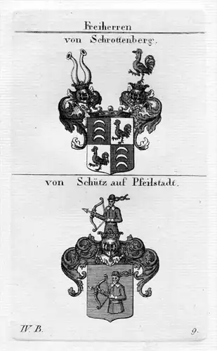 Schrottenberg - Schütz auf Pfeilstadt - Wappen coat of arms Heraldik heraldry Kupferstich