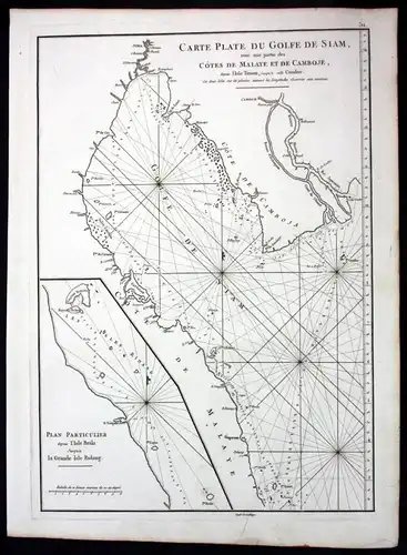 Carte plate du Golfe de Siam - Cambodia Thailand Vietnam sea map Karte Mannevillette Neptune Oriental