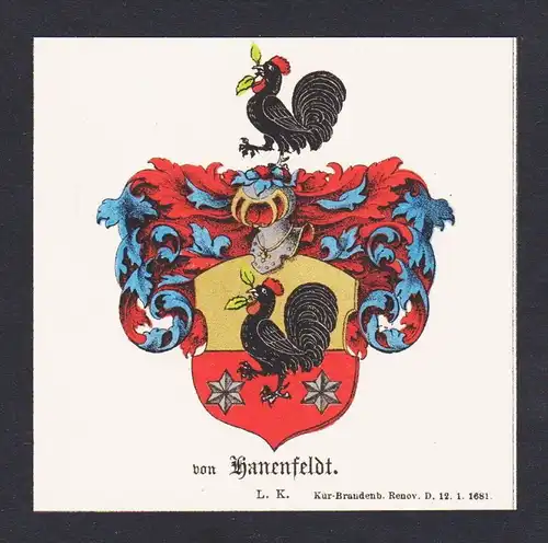 . von Hanenfeldt Wappen Heraldik coat of arms heraldry Litho