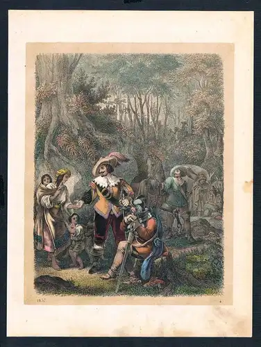 Wald Ritter Musketier Cavalier forrest Original Lithographie lithograph