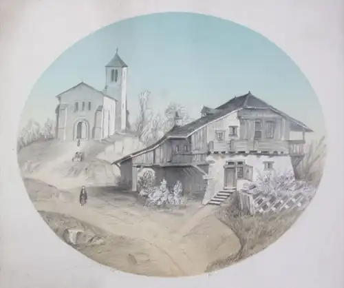 Südtirol Tirol Bauernhaus Kirche Original Biedermeier Zeichnung drawing signiert