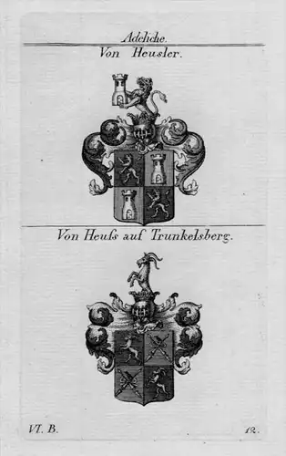 Heusler Heuss Trunkelsberg Wappen Adel coat of arms Heraldik Kupferstich